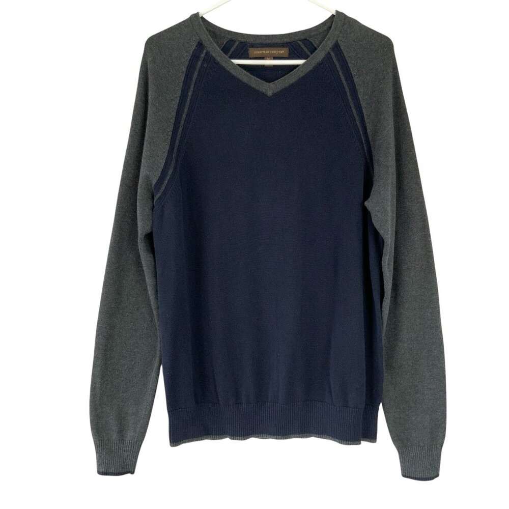 Sebastian Cooper Gray/Blue Long Sleeve V-Neck Pullover Knit Sweater Size M